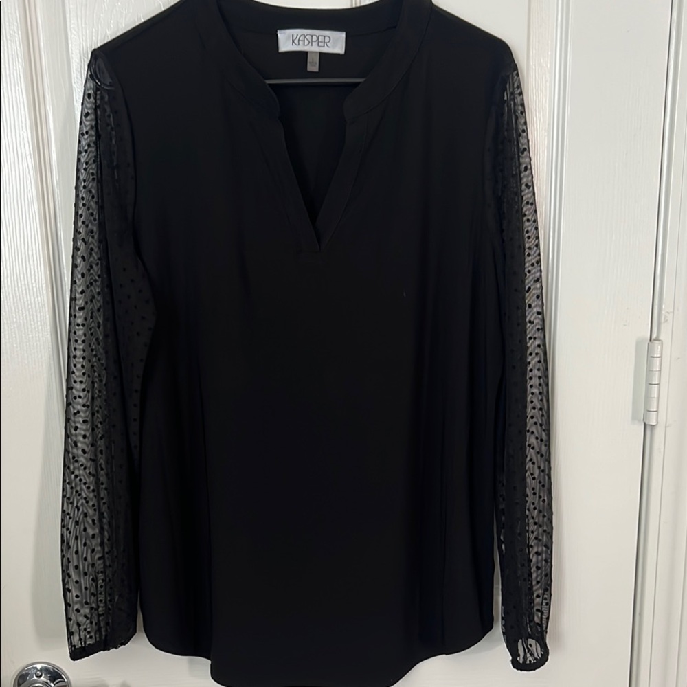 Kasper Black Blouse with Sheer Polka Dot Sleeves